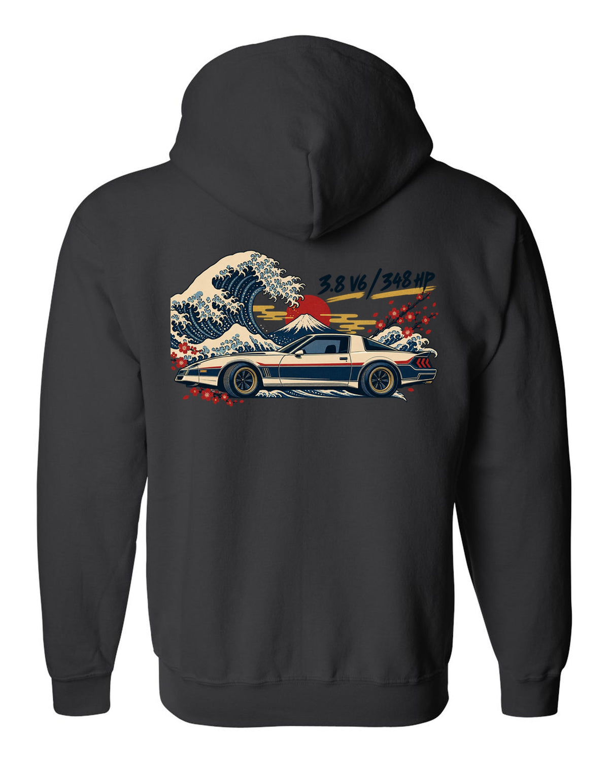 Ukiyo-e woodblock print of a Hyundai Genesis Coupe BK2 with 3.8 V6 348 HP text black zip hoodie back view with the design