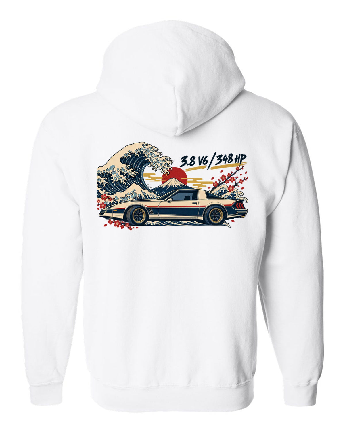 Ukiyo-e woodblock print of a Hyundai Genesis Coupe BK2 with 3.8 V6 348 HP text white zip hoodie back view with the design