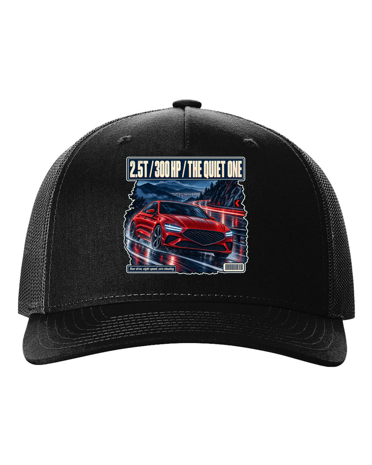 Night touge print of the Genesis G70 with 2.5T 300 HP lettering black hat front view with the design