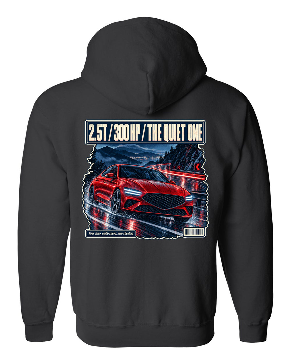 Night touge print of the Genesis G70 with 2.5T 300 HP lettering black zip hoodie back view with the design