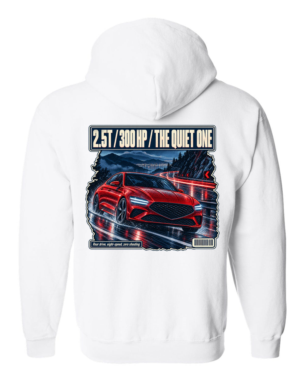 Night touge print of the Genesis G70 with 2.5T 300 HP lettering white zip hoodie back view with the design