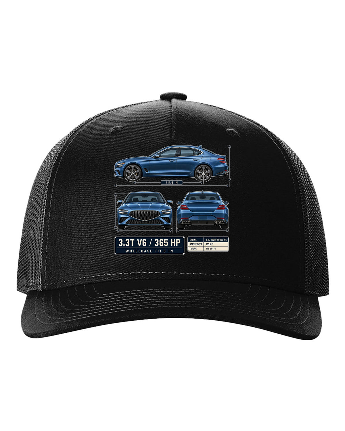 Dimension blueprint print of the Genesis G70 3.3T with V6 and 365 HP callouts black hat front view with the design
