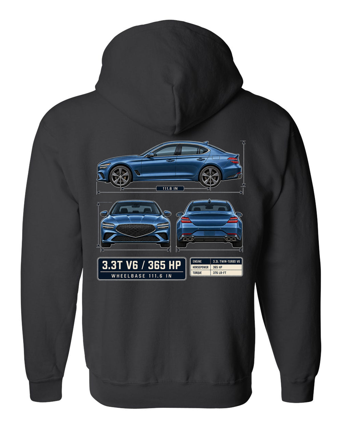 Dimension blueprint print of the Genesis G70 3.3T with V6 and 365 HP callouts black zip hoodie back view with the design
