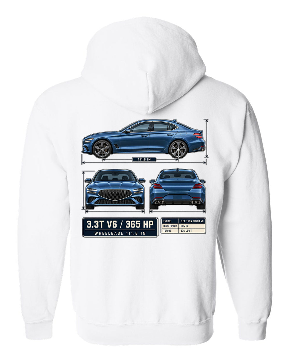 Dimension blueprint print of the Genesis G70 3.3T with V6 and 365 HP callouts white zip hoodie back view with the design