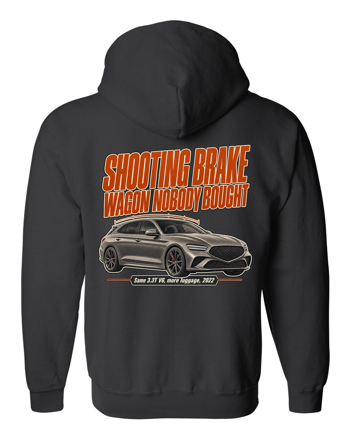 Editorial headline print for the Genesis G70 Shooting Brake reading wagon nobody bought black zip hoodie back view with the design