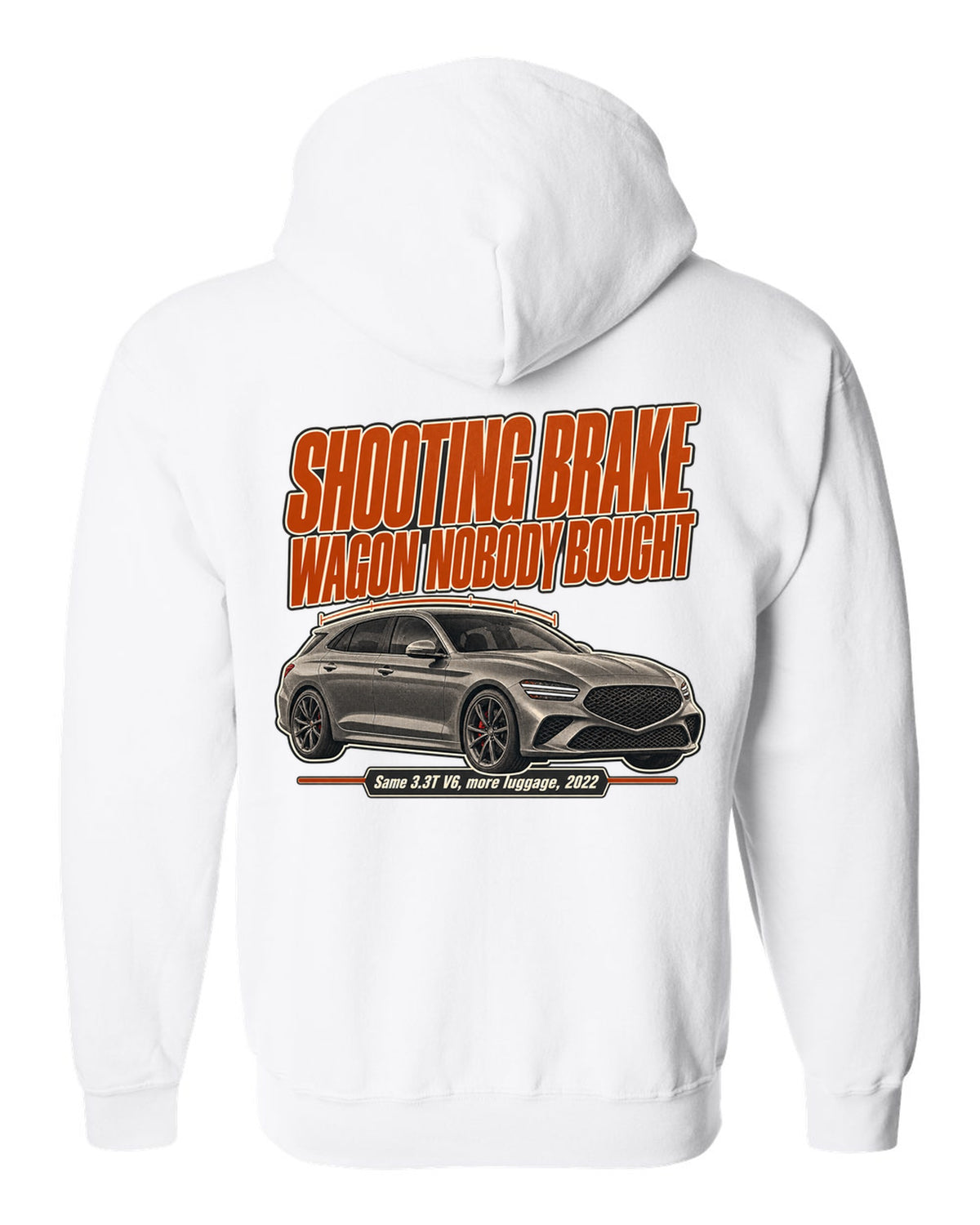Editorial headline print for the Genesis G70 Shooting Brake reading wagon nobody bought white zip hoodie back view with the design