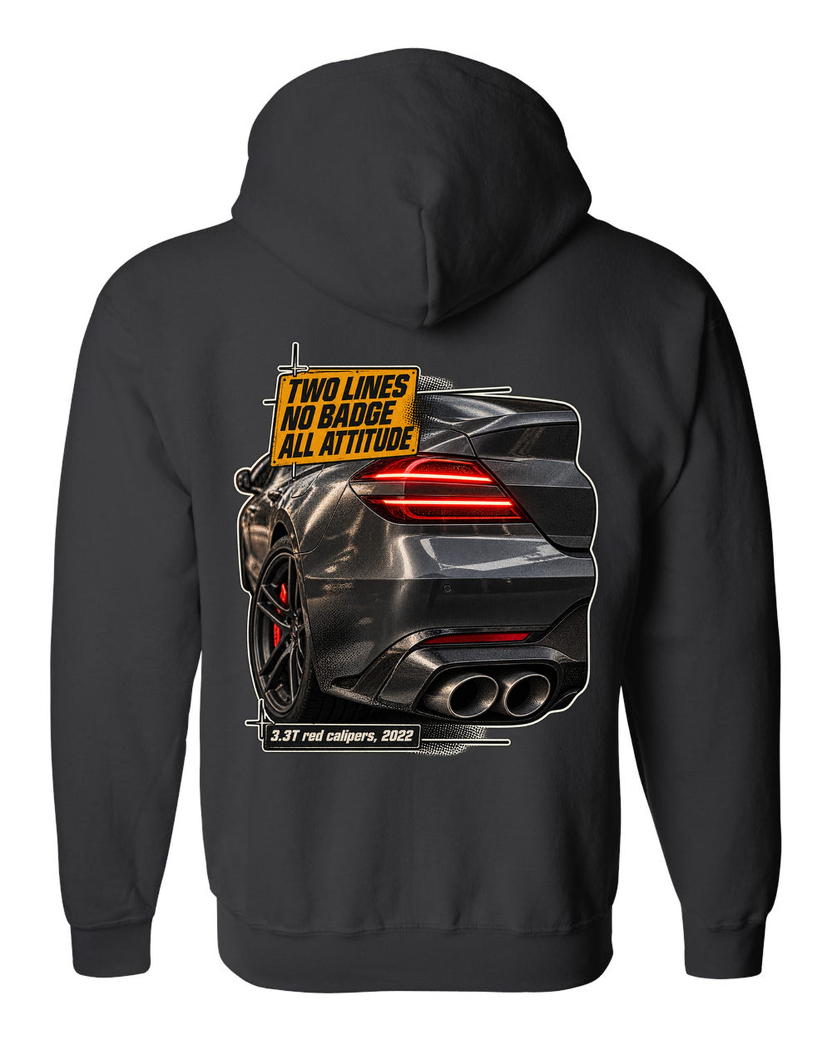Taillight macro print of the Genesis G70 3.3T rear with two light lines black zip hoodie back view with the design