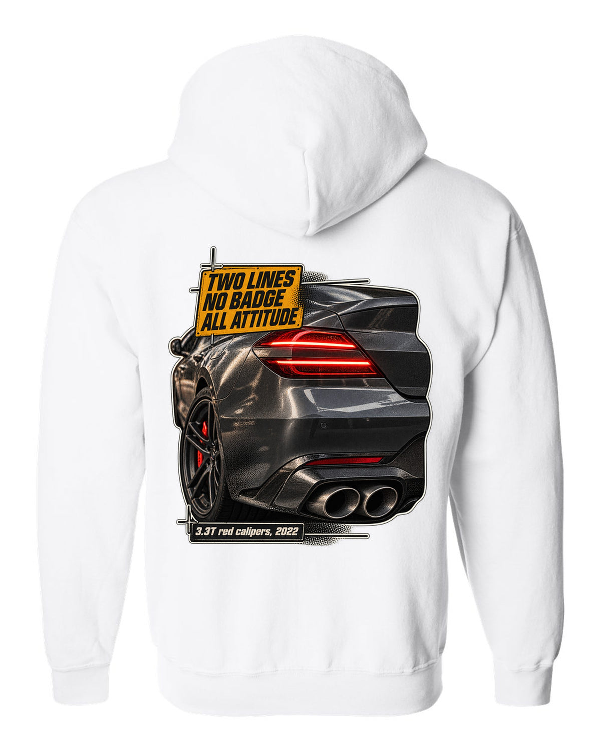 Taillight macro print of the Genesis G70 3.3T rear with two light lines white zip hoodie back view with the design