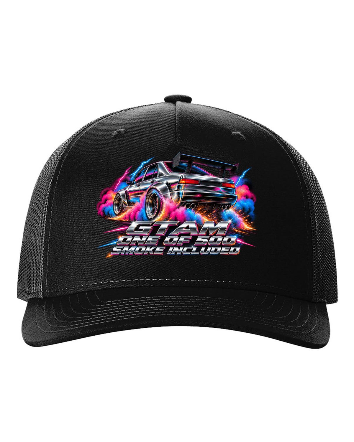 80s airbrush chrome style Alfa Romeo Giulia GTAm with one of 500 smoke included text black hat front view with the design