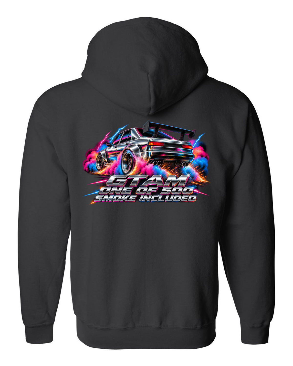 80s airbrush chrome style Alfa Romeo Giulia GTAm with one of 500 smoke included text black zip hoodie back view with the design