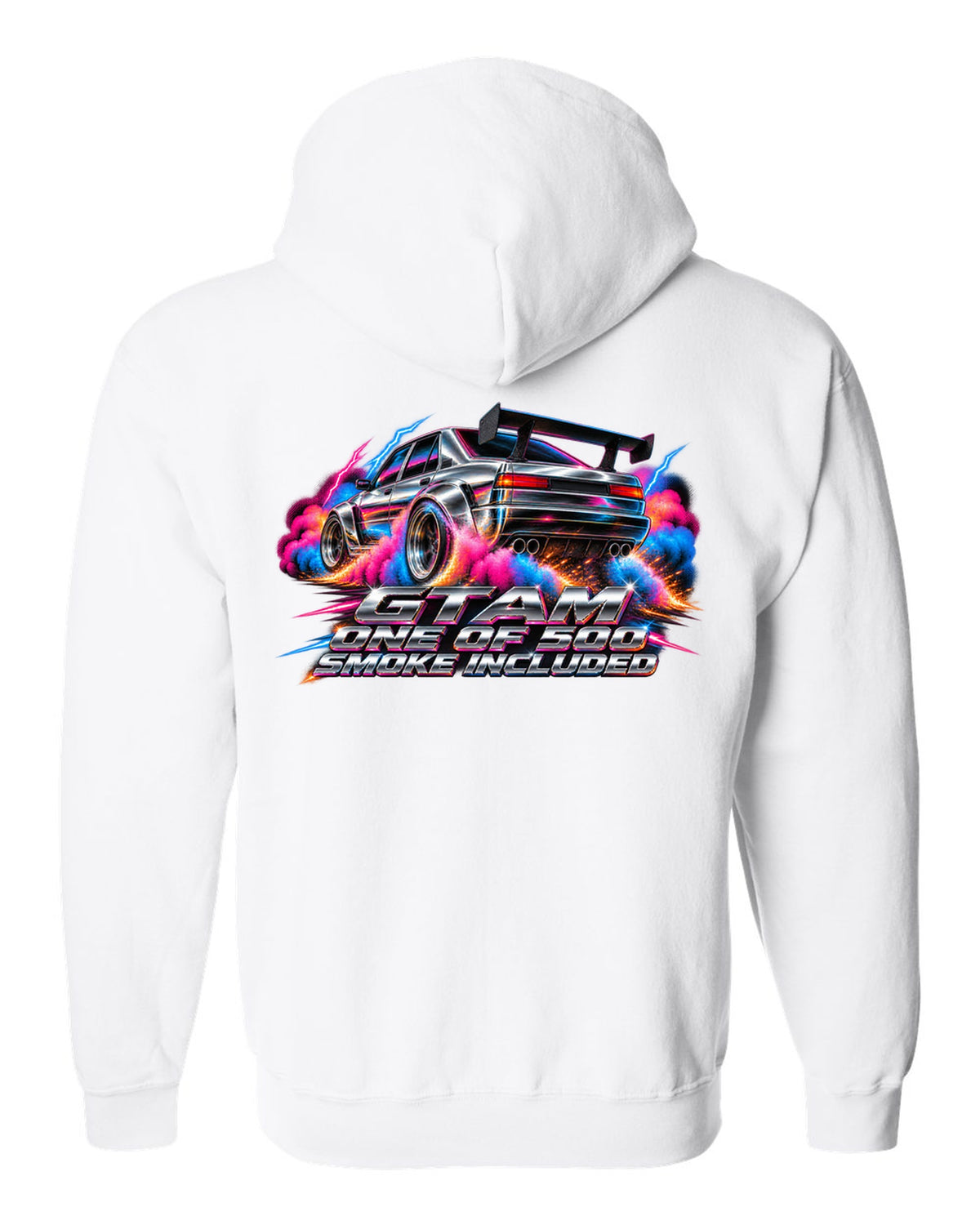 80s airbrush chrome style Alfa Romeo Giulia GTAm with one of 500 smoke included text white zip hoodie back view with the design