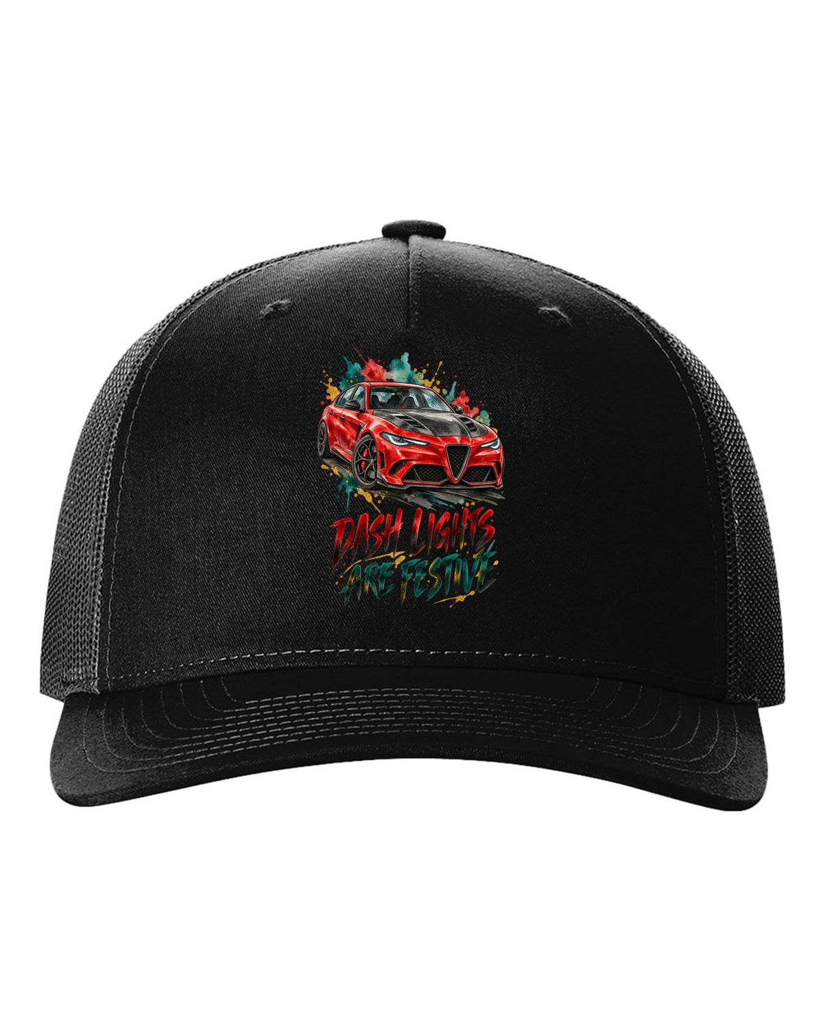 Watercolour ink illustration of an Alfa Romeo Giulia Quadrifoglio 952 with dash lights text on a tee back black hat front view with the design