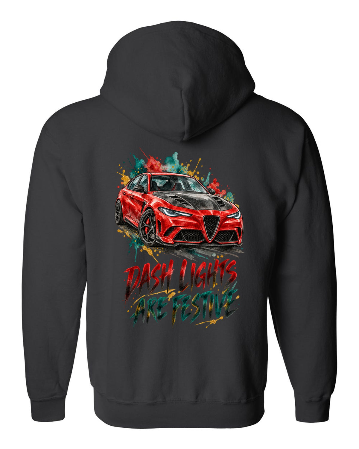Watercolour ink illustration of an Alfa Romeo Giulia Quadrifoglio 952 with dash lights text on a tee back black zip hoodie back view with the design