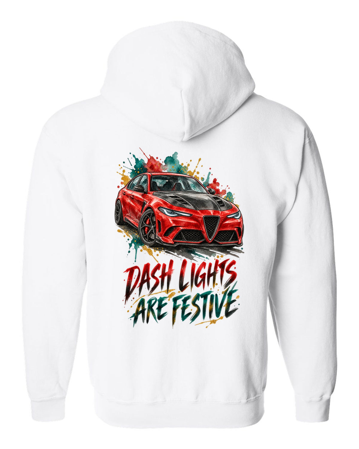 Watercolour ink illustration of an Alfa Romeo Giulia Quadrifoglio 952 with dash lights text on a tee back white zip hoodie back view with the design