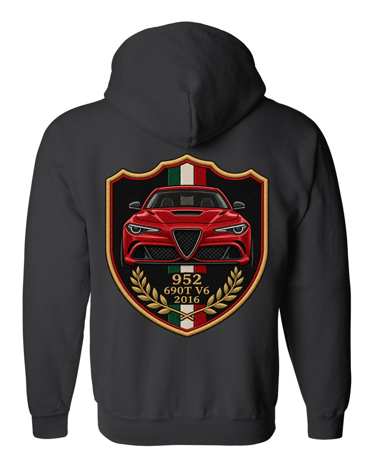 Embroidery style varsity crest for an Alfa Romeo Giulia Quadrifoglio 952 with 690T V6 and 2016 black zip hoodie back view with the design