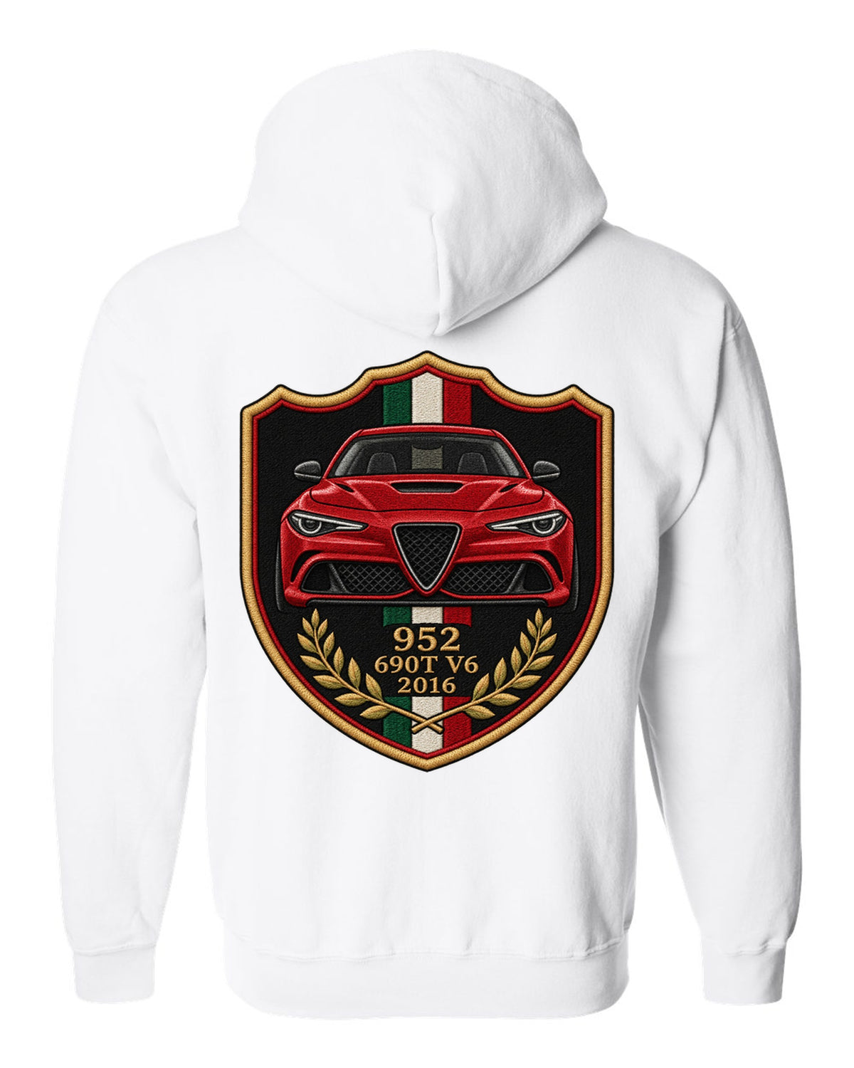 Embroidery style varsity crest for an Alfa Romeo Giulia Quadrifoglio 952 with 690T V6 and 2016 white zip hoodie back view with the design