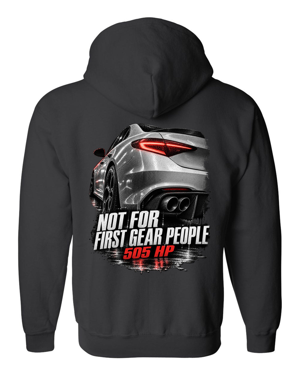 Taillight macro print of an Alfa Romeo Giulia Quadrifoglio with 505 HP text black zip hoodie back view with the design
