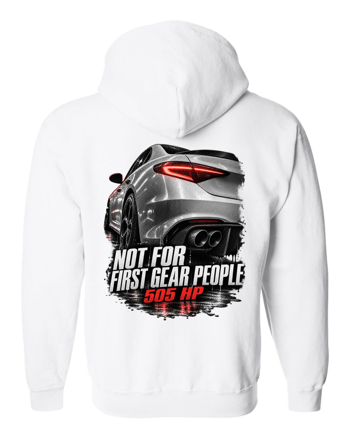 Taillight macro print of an Alfa Romeo Giulia Quadrifoglio with 505 HP text white zip hoodie back view with the design