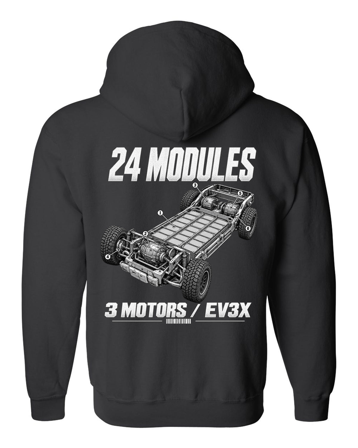 Cutaway of the GMC Hummer EV pickup battery pack and motors with labels black zip hoodie back view with the design