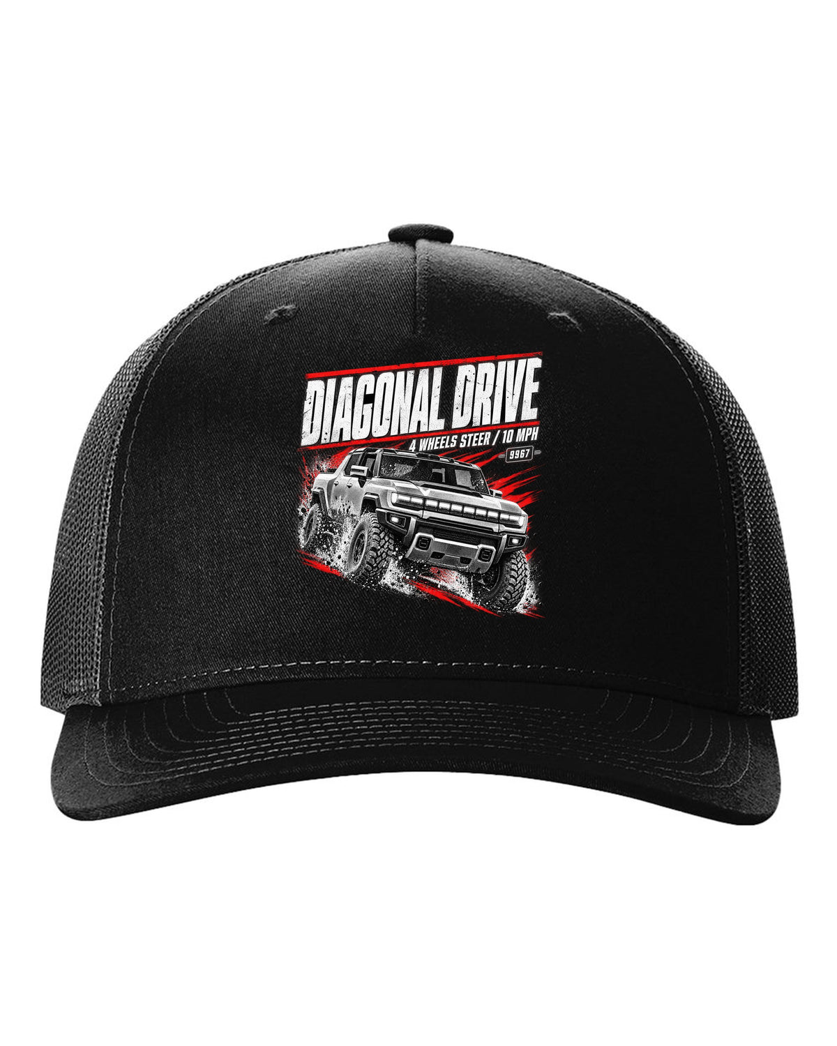 GMC Hummer EV pickup moving diagonally in a race poster design black hat front view with the design