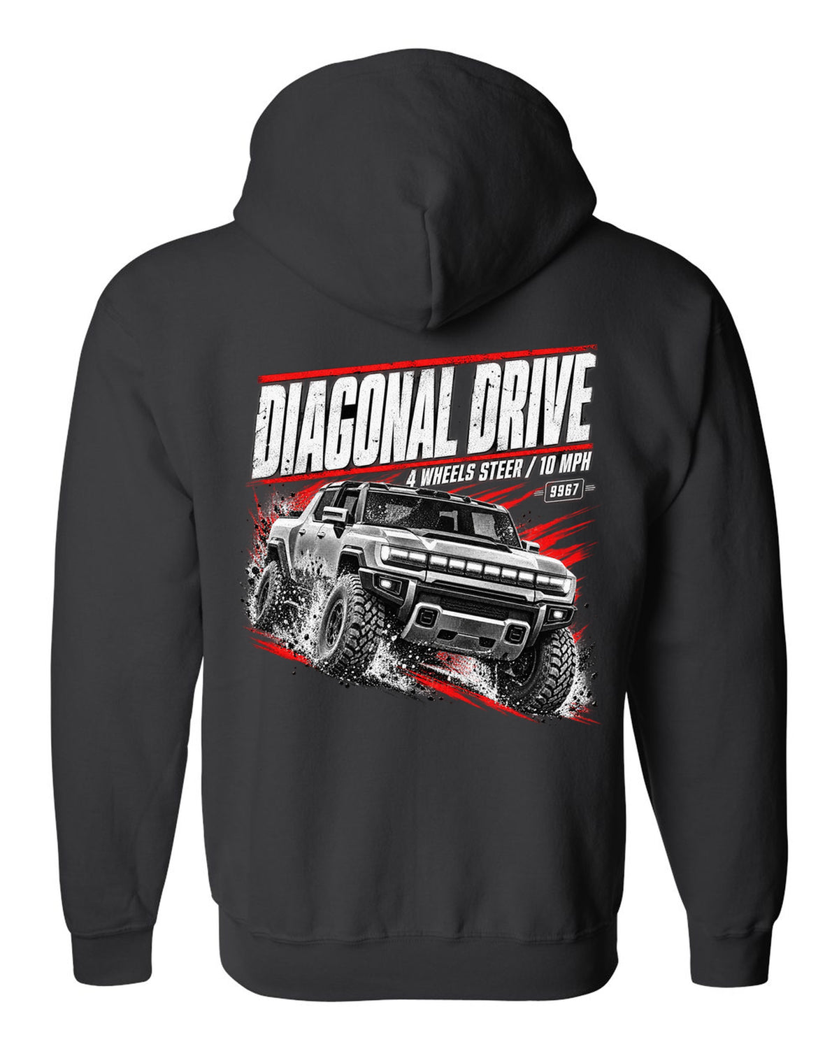 GMC Hummer EV pickup moving diagonally in a race poster design black zip hoodie back view with the design