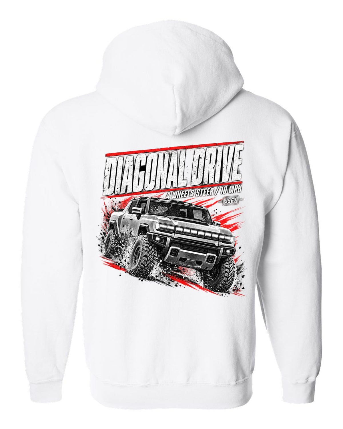 GMC Hummer EV pickup moving diagonally in a race poster design white zip hoodie back view with the design