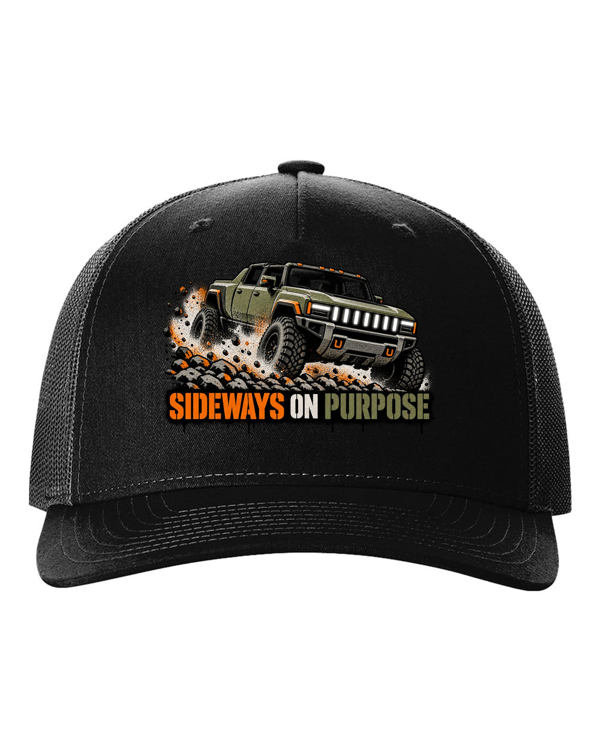 GMC Hummer EV spray stencil print with the words Sideways On Purpose black hat front view with the design