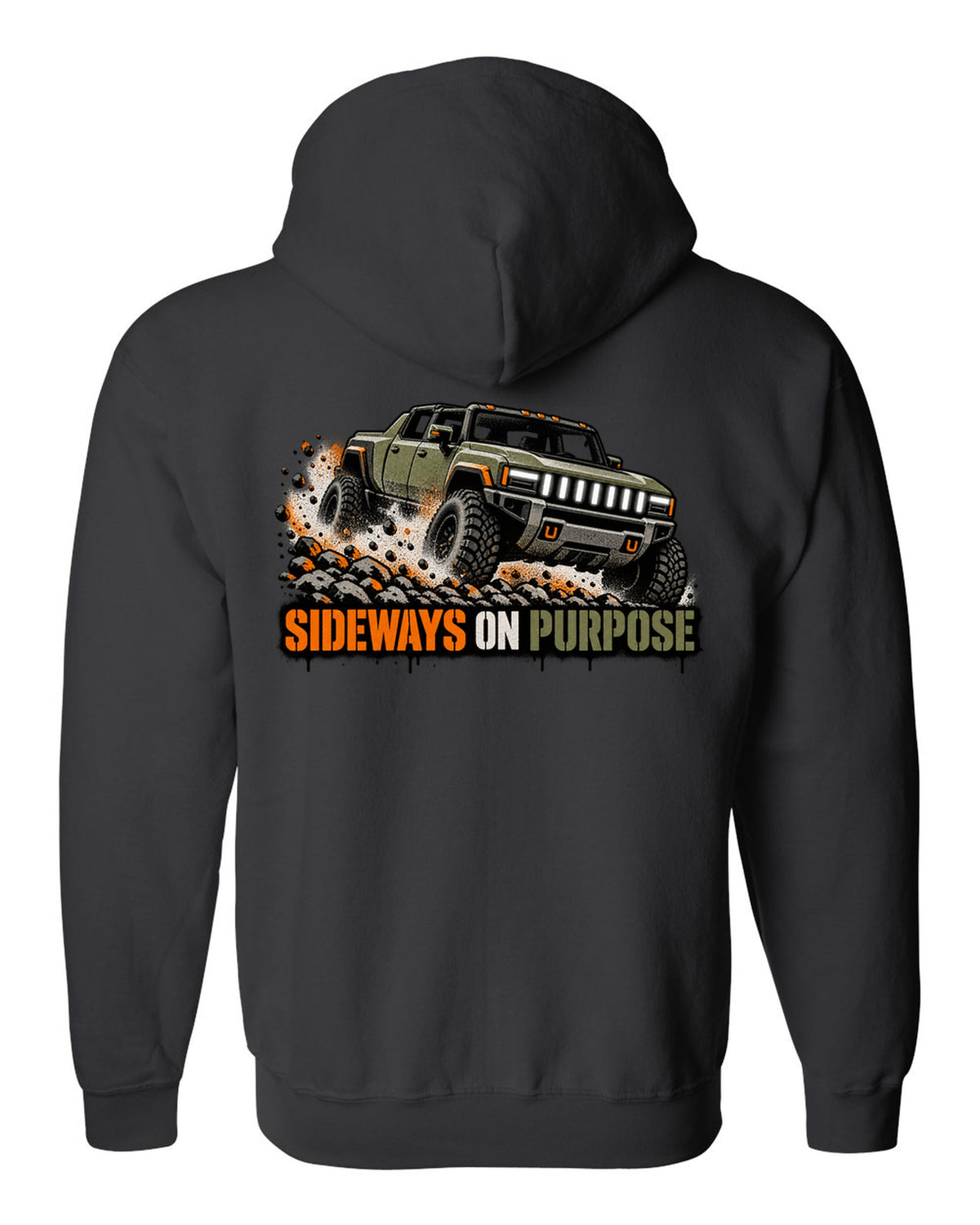 GMC Hummer EV spray stencil print with the words Sideways On Purpose black zip hoodie back view with the design