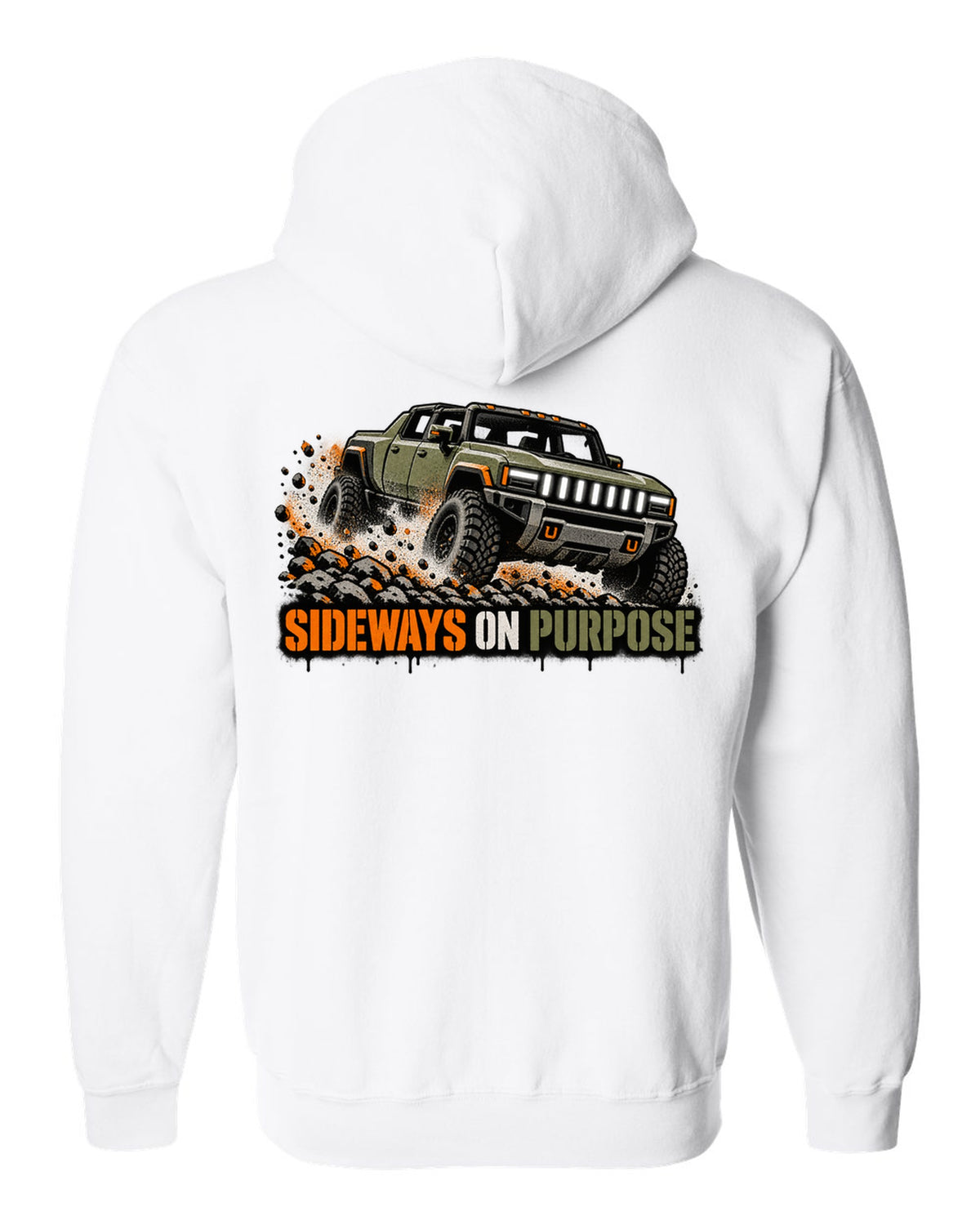 GMC Hummer EV spray stencil print with the words Sideways On Purpose white zip hoodie back view with the design