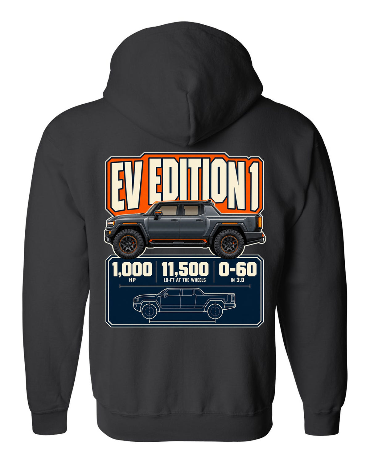 Spec poster print of the Hummer EV Edition 1 with horsepower and torque figures black zip hoodie back view with the design