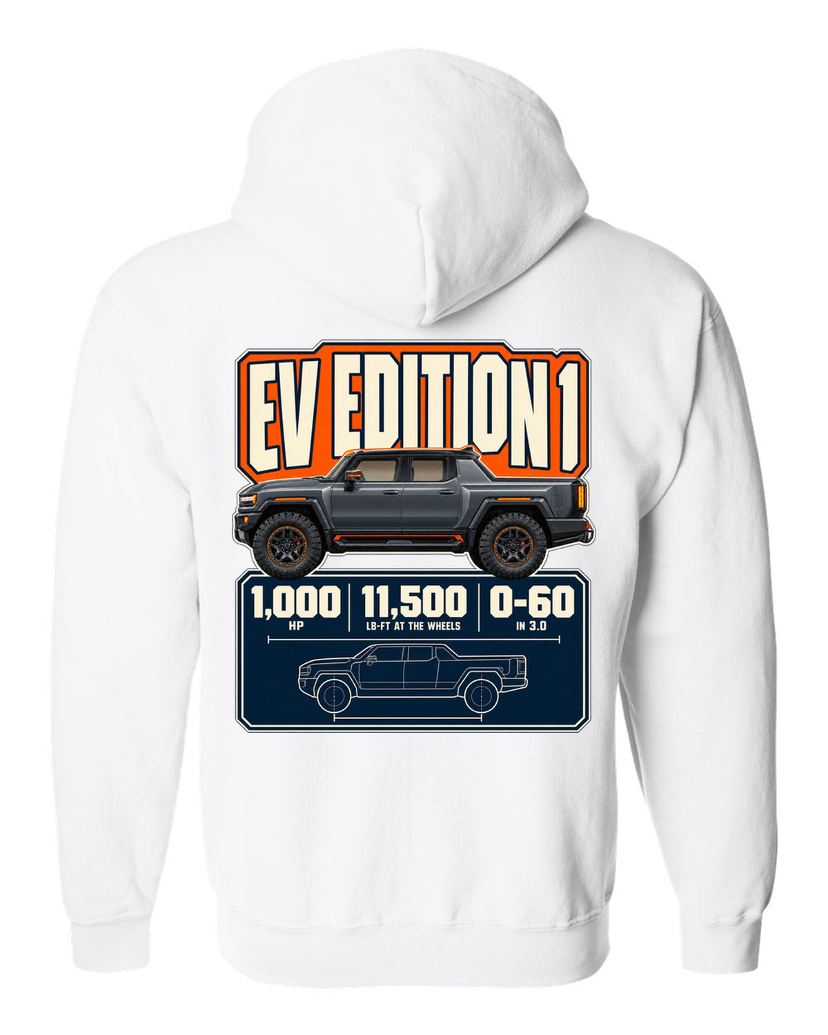 Spec poster print of the Hummer EV Edition 1 with horsepower and torque figures white zip hoodie back view with the design