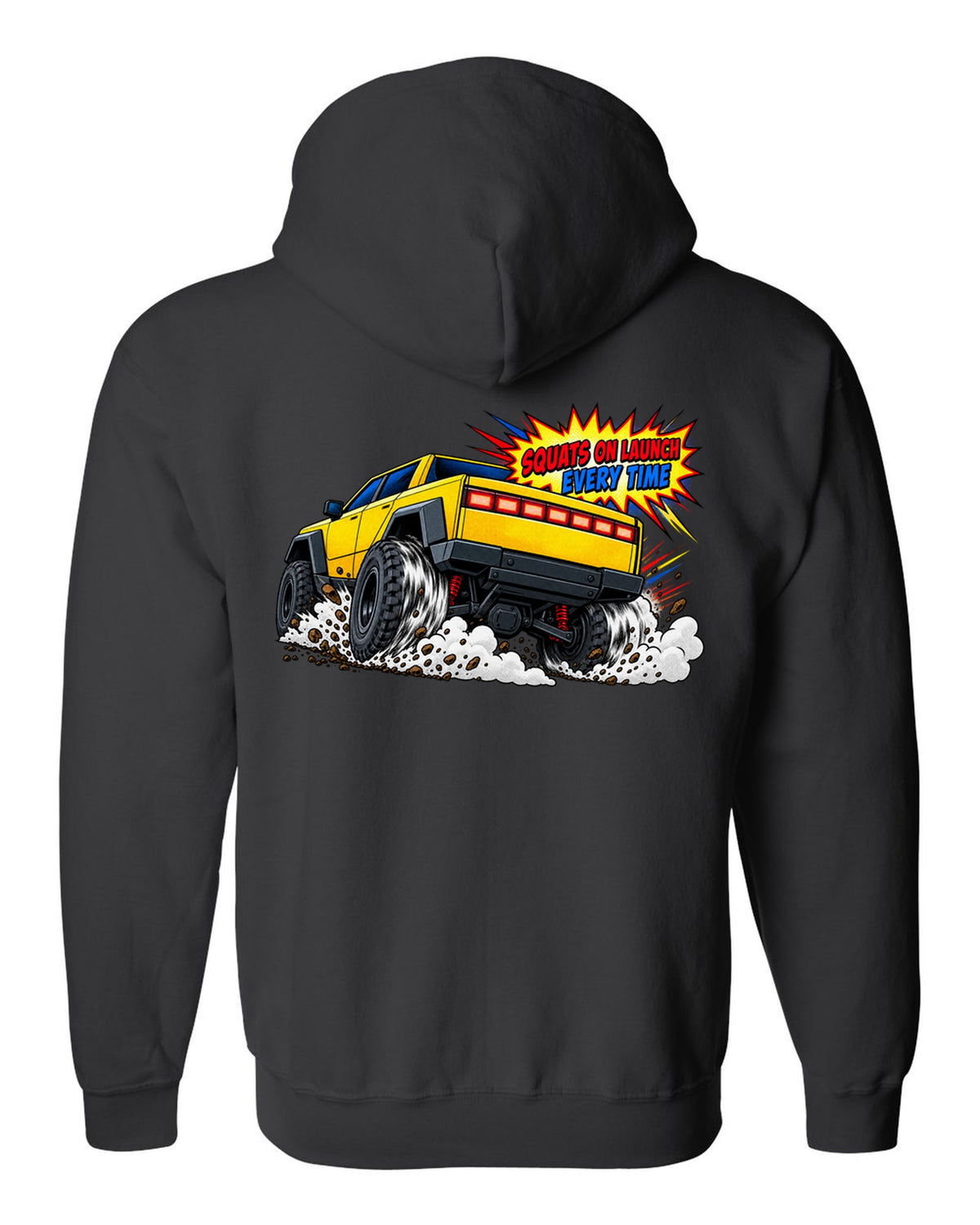 GMC Hummer EV comic halftone print with the words Squats On Launch Every Time black zip hoodie back view with the design