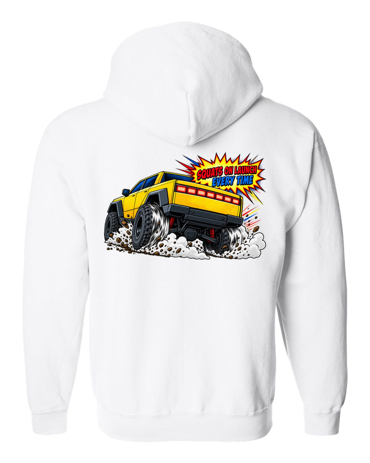 GMC Hummer EV comic halftone print with the words Squats On Launch Every Time white zip hoodie back view with the design