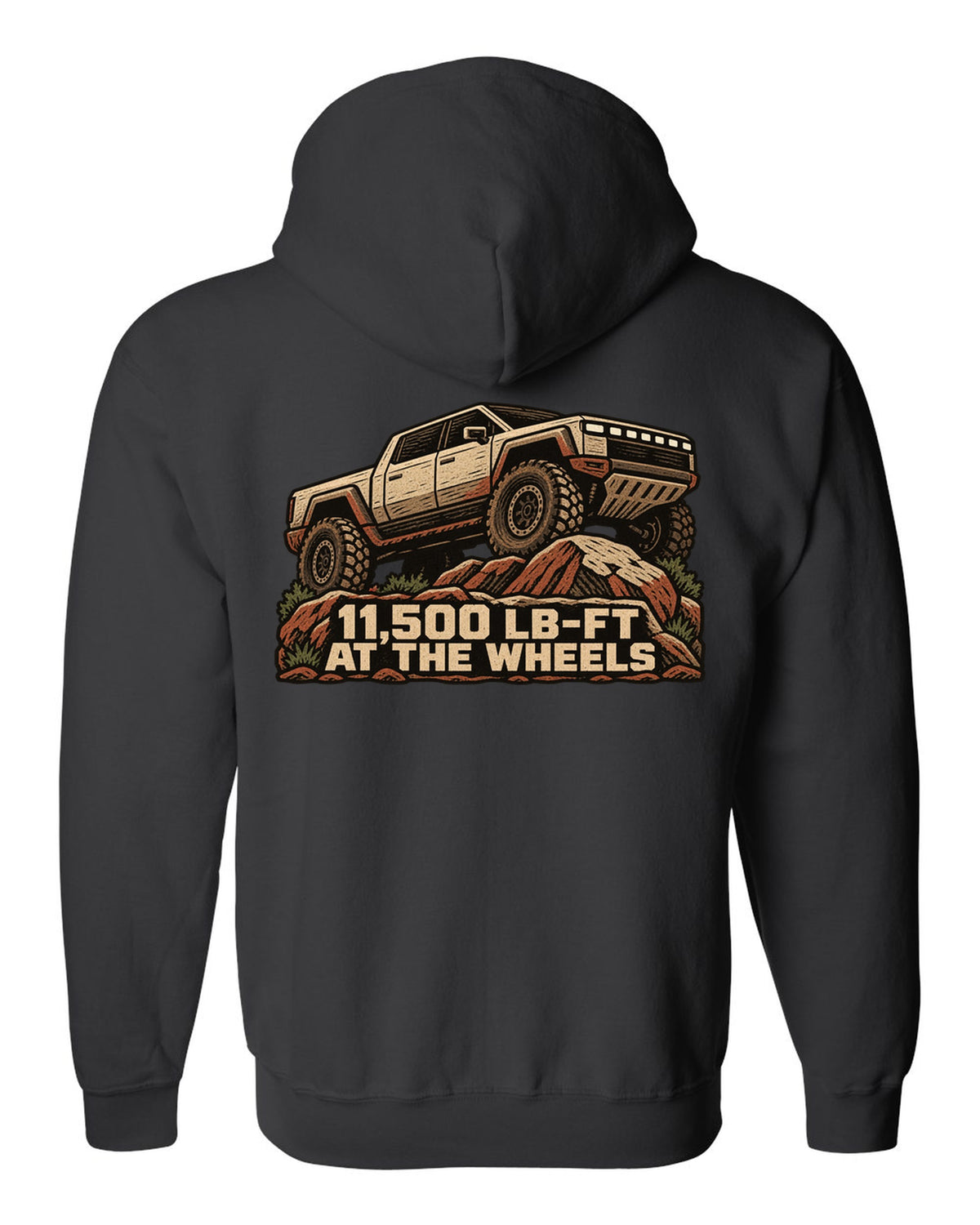 GMC Hummer EV linocut woodcut print on rocks with 11,500 lb-ft at the wheels black zip hoodie back view with the design