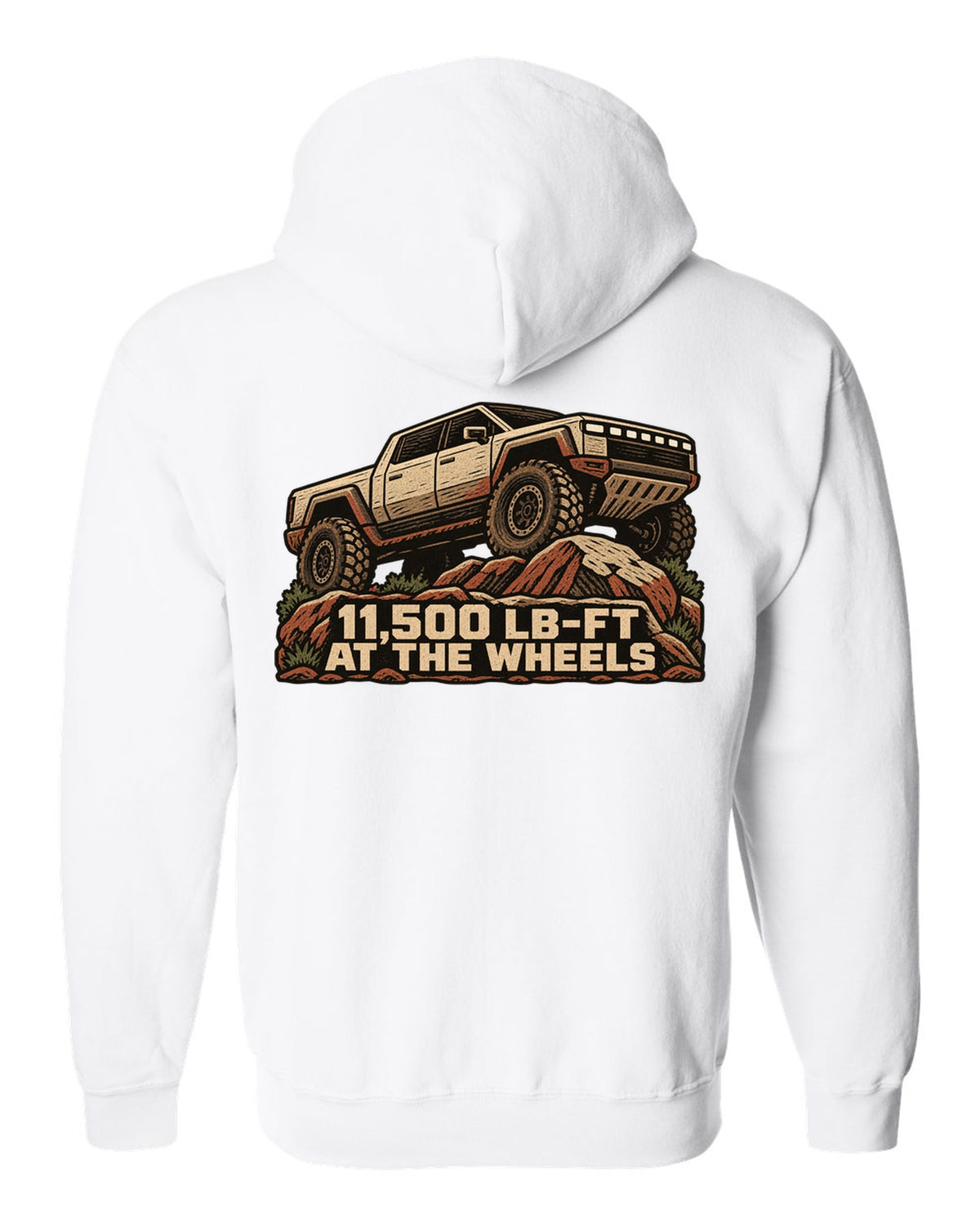 GMC Hummer EV linocut woodcut print on rocks with 11,500 lb-ft at the wheels white zip hoodie back view with the design