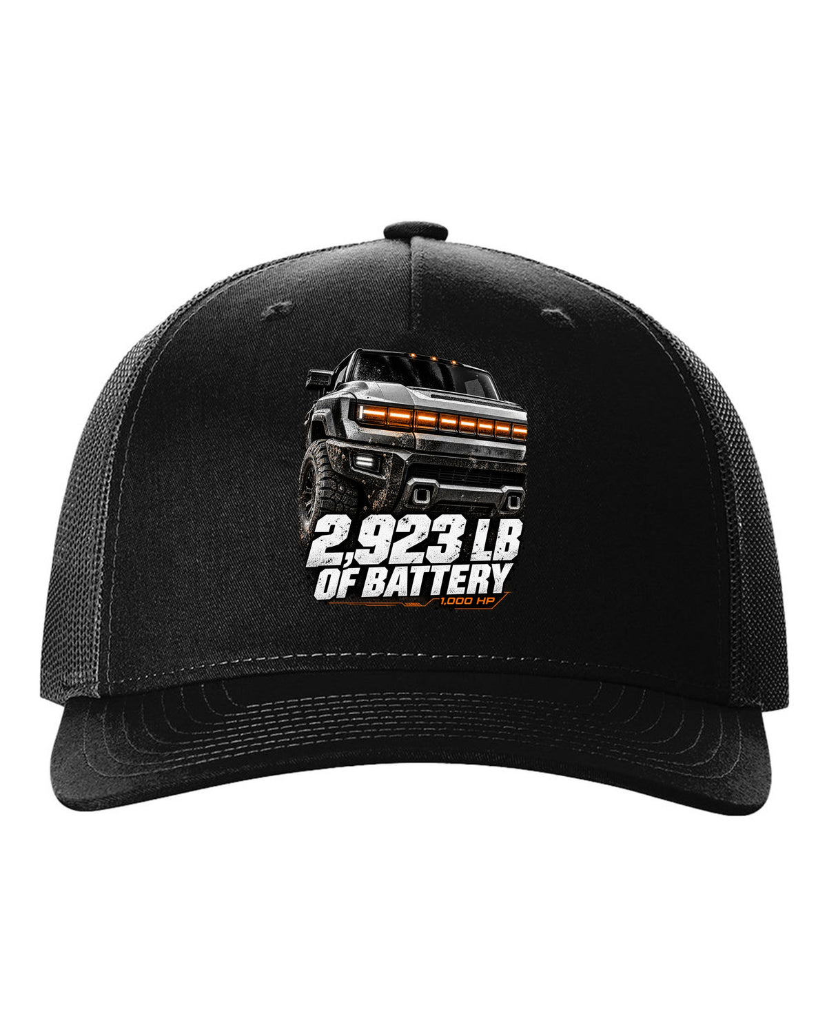 GMC Hummer EV pickup lit front panel macro with battery weight text black hat front view with the design