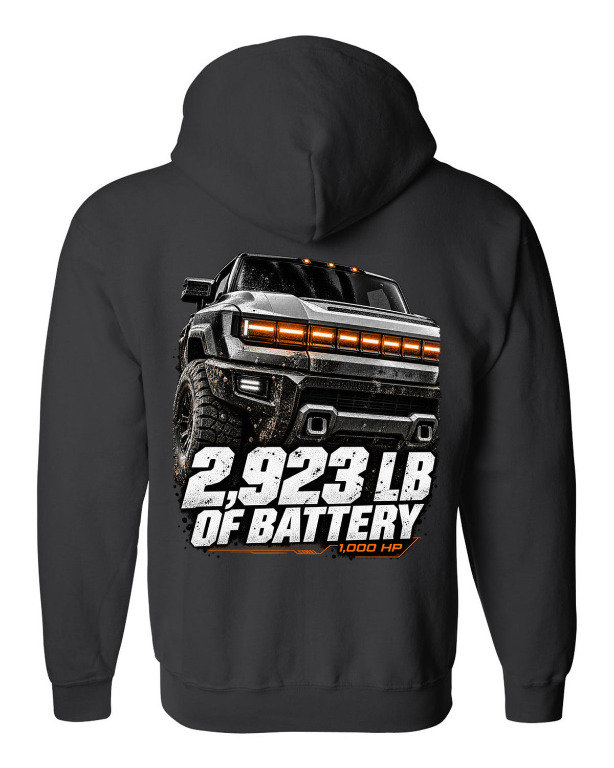 GMC Hummer EV pickup lit front panel macro with battery weight text black zip hoodie back view with the design