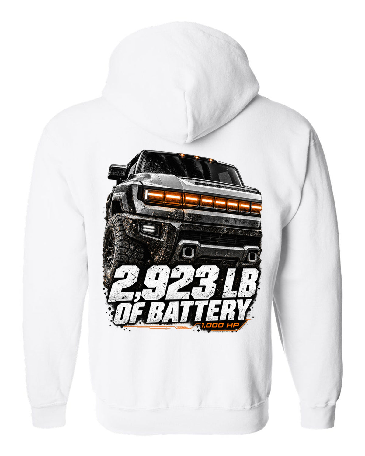 GMC Hummer EV pickup lit front panel macro with battery weight text white zip hoodie back view with the design