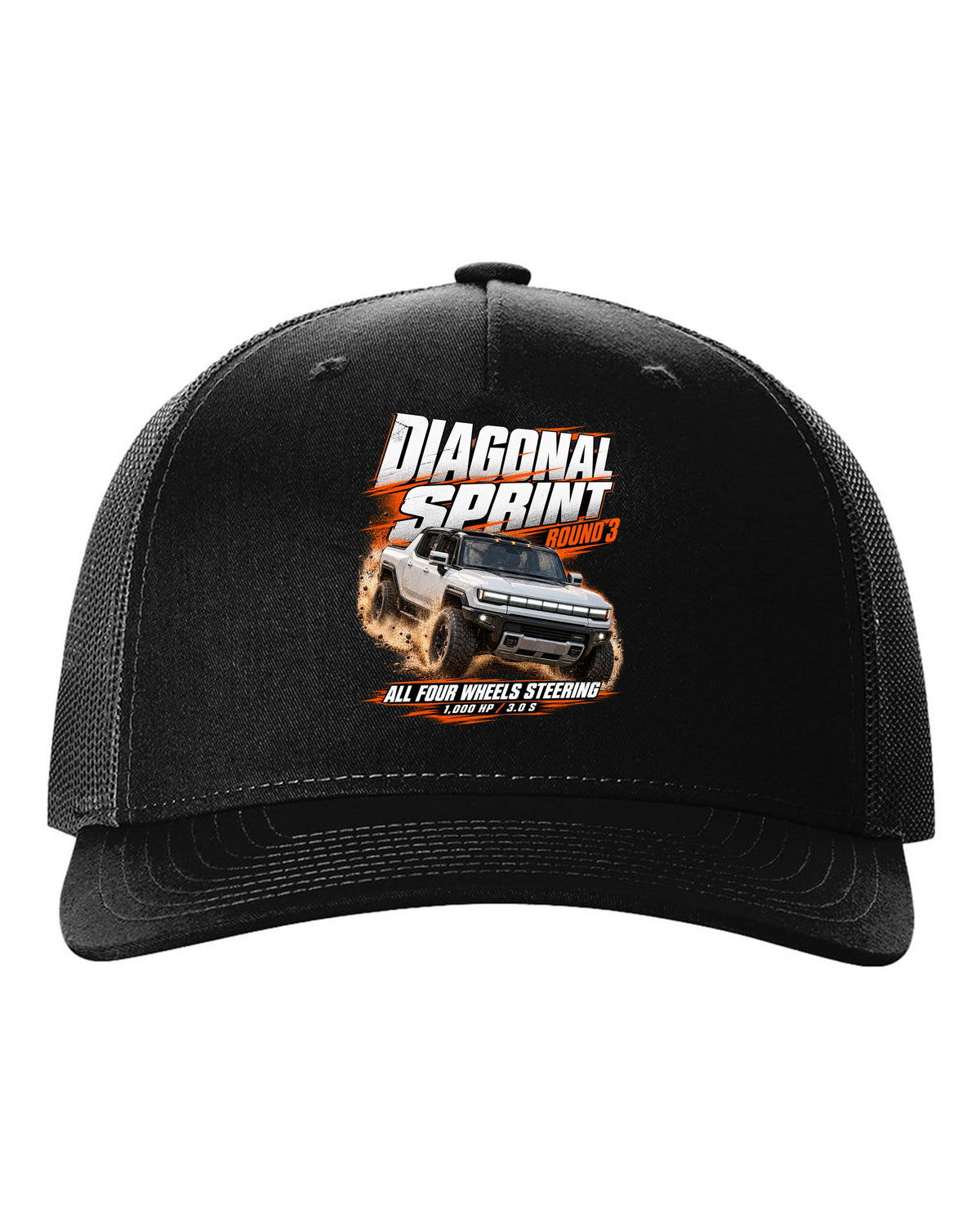 Race poster print of a 2022 GMC Hummer EV pickup EV3X with diagonal sprint text black hat front view with the design