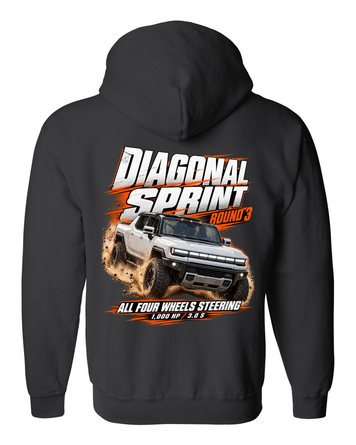 Race poster print of a 2022 GMC Hummer EV pickup EV3X with diagonal sprint text black zip hoodie back view with the design