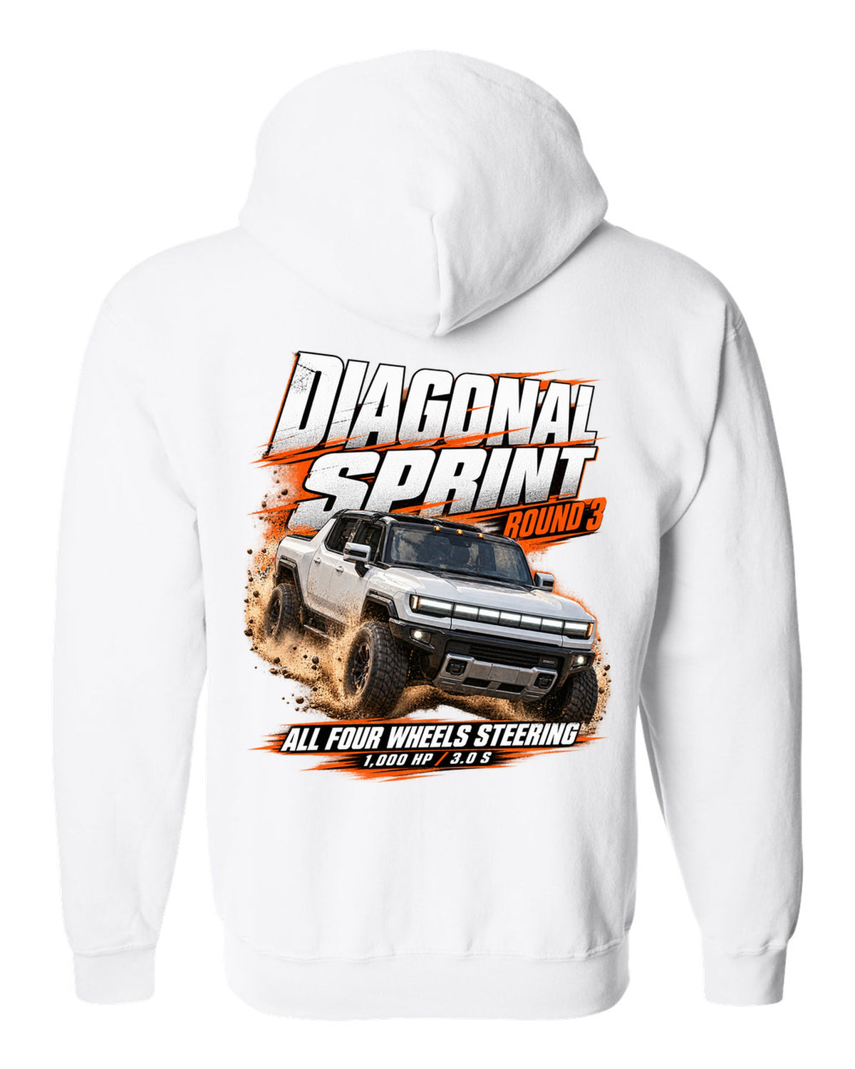 Race poster print of a 2022 GMC Hummer EV pickup EV3X with diagonal sprint text white zip hoodie back view with the design
