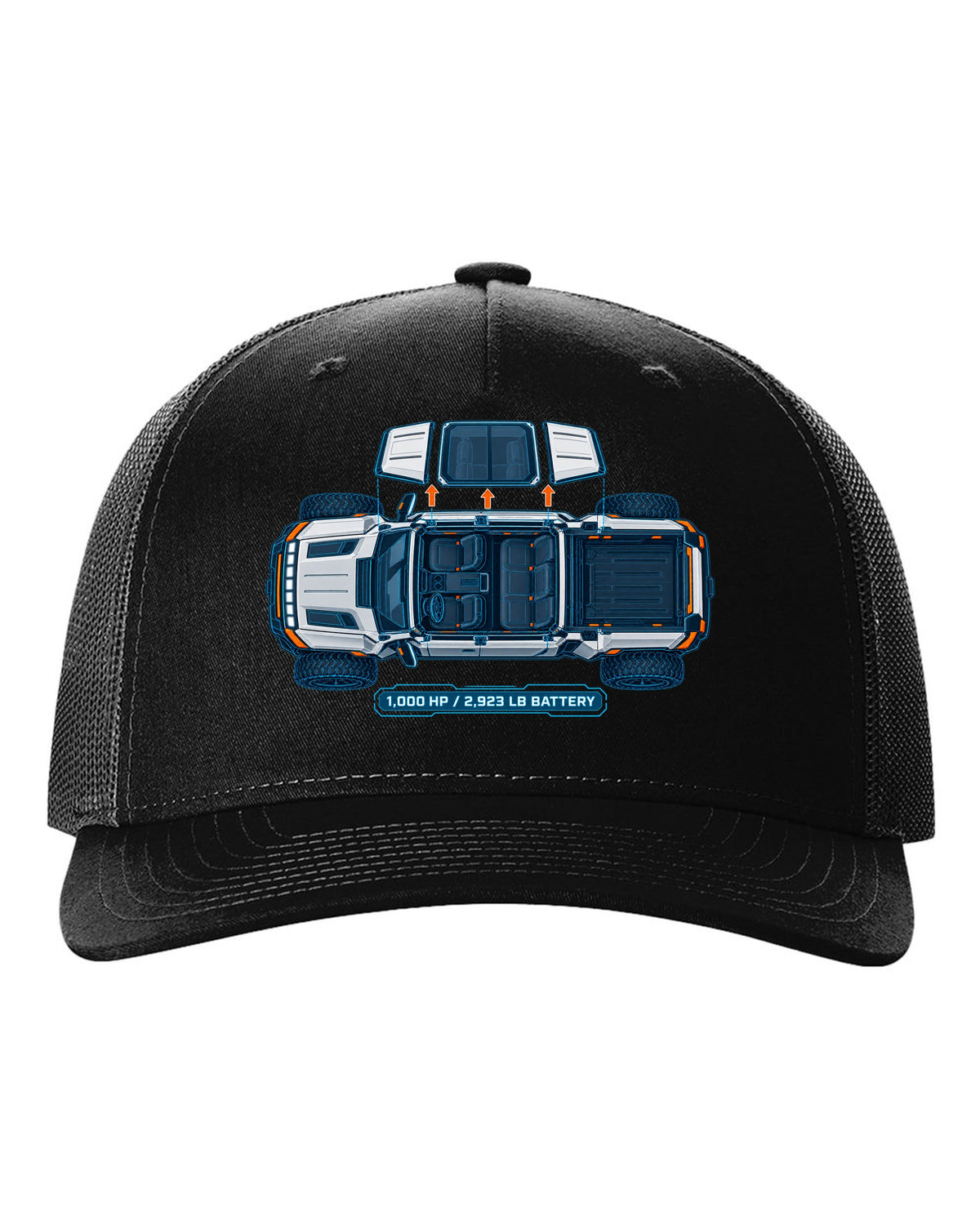 GMC Hummer EV roof panels shown as a white and cyan blueprint with 1,000 HP and battery weight black hat front view with the design