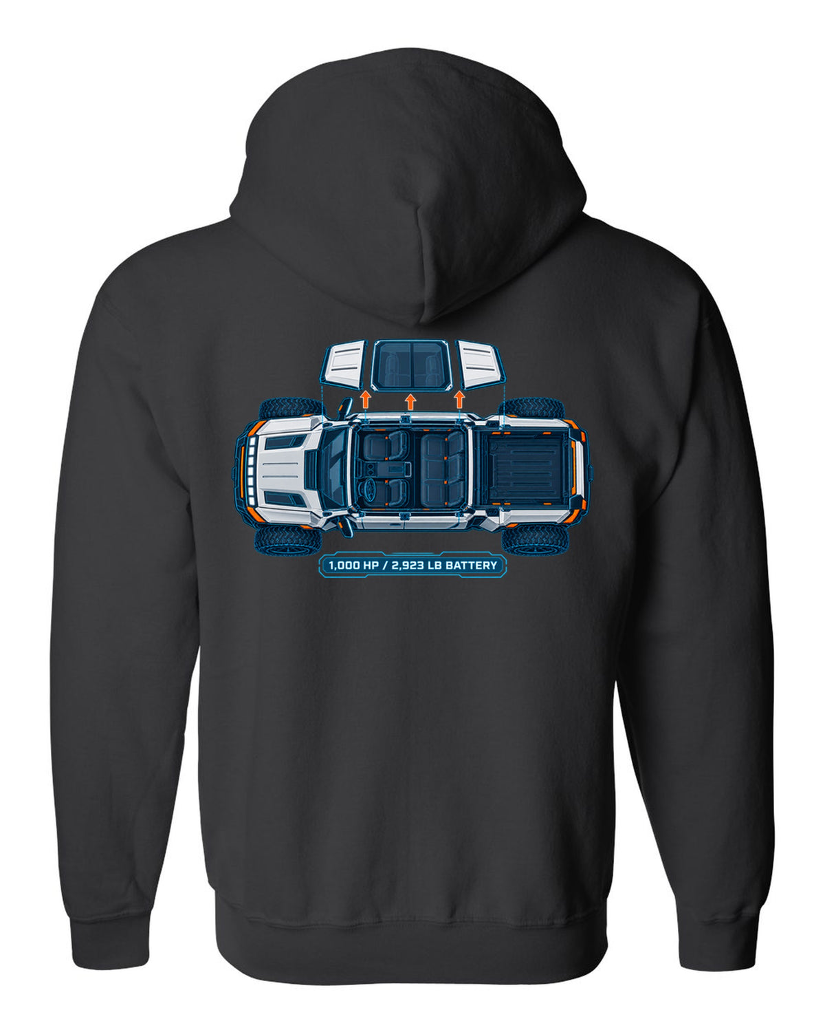 GMC Hummer EV roof panels shown as a white and cyan blueprint with 1,000 HP and battery weight black zip hoodie back view with the design