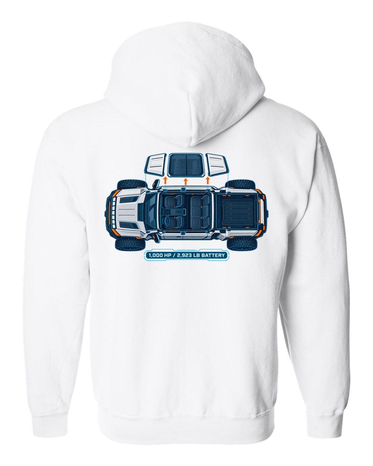 GMC Hummer EV roof panels shown as a white and cyan blueprint with 1,000 HP and battery weight white zip hoodie back view with the design
