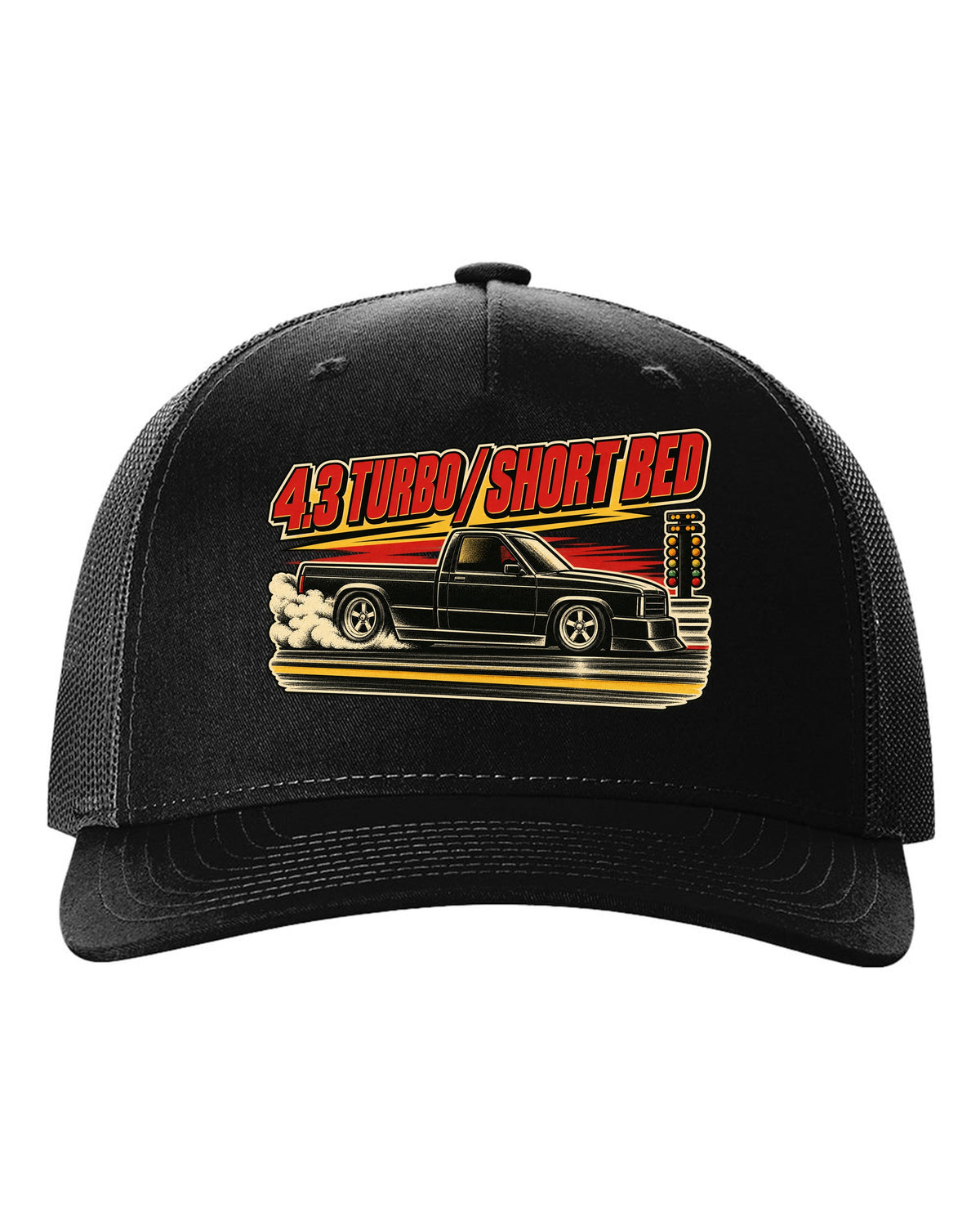 1960s lithograph drag race poster featuring a 1991 GMC Syclone with 4.3 TURBO / SHORT BED text black hat front view with the design