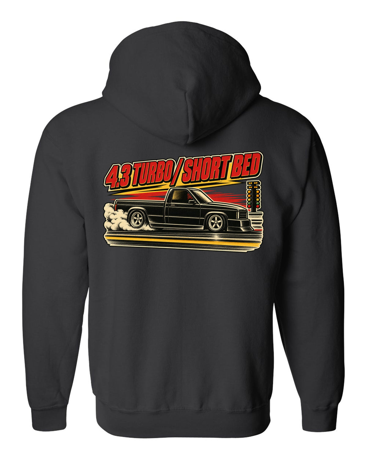 1960s lithograph drag race poster featuring a 1991 GMC Syclone with 4.3 TURBO / SHORT BED text black zip hoodie back view with the design
