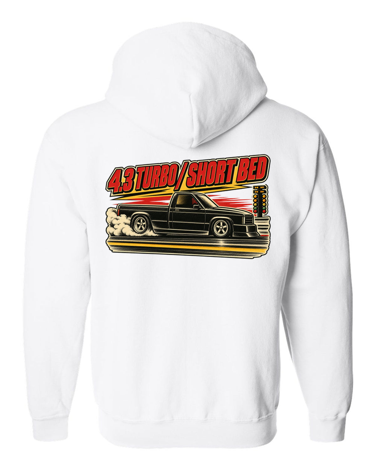 1960s lithograph drag race poster featuring a 1991 GMC Syclone with 4.3 TURBO / SHORT BED text white zip hoodie back view with the design