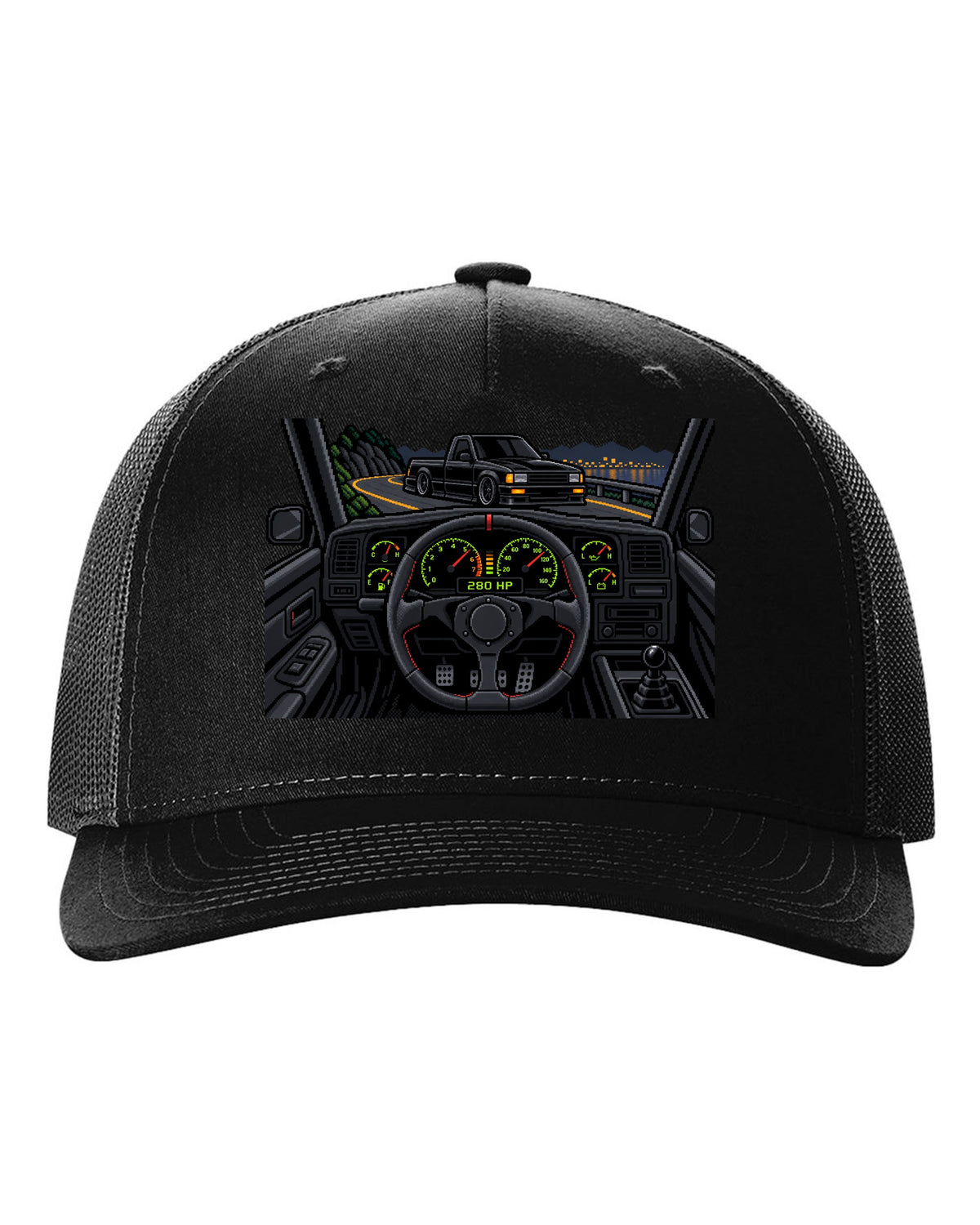 8/16-bit pixel art gauge print of a 1991 GMC Syclone with 280 HP text black hat front view with the design