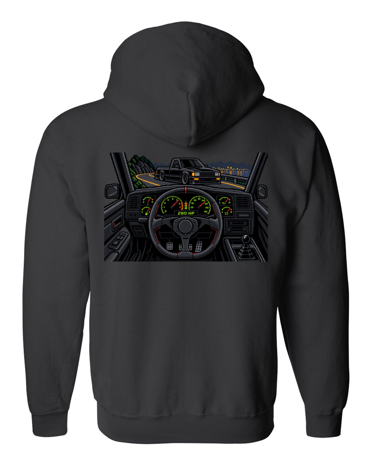 8/16-bit pixel art gauge print of a 1991 GMC Syclone with 280 HP text black zip hoodie back view with the design