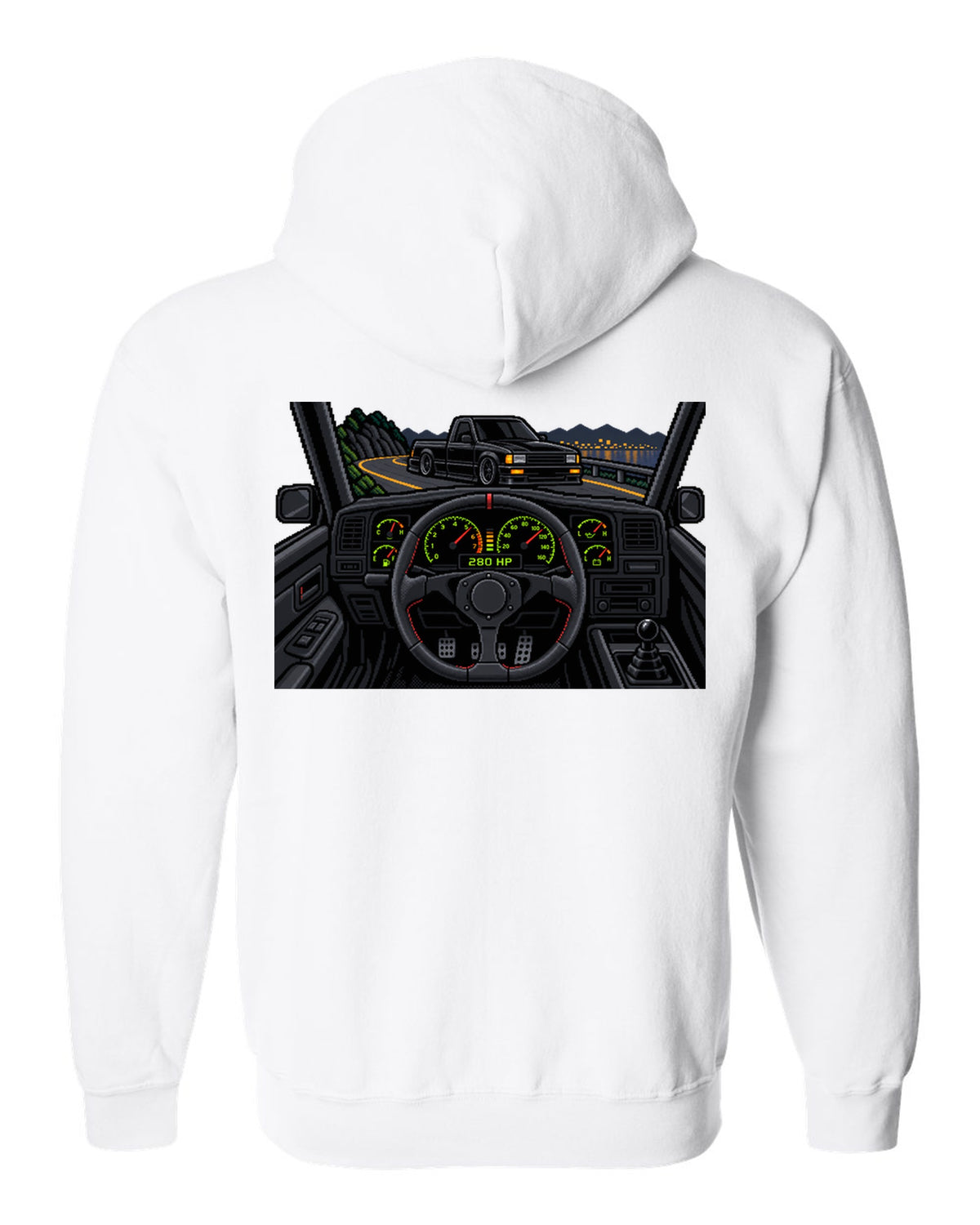 8/16-bit pixel art gauge print of a 1991 GMC Syclone with 280 HP text white zip hoodie back view with the design